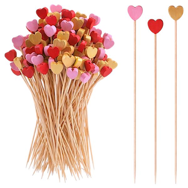 100 Pack Heart-Shaped Bamboo Cocktail Pick Skewers - Multi Colour