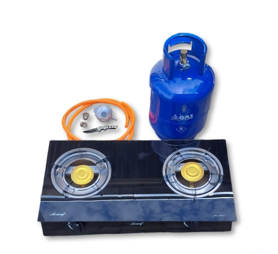 Black 2 Plate Glass Top Gas Stove with Fittings & Gas Cylinder 5kg ...