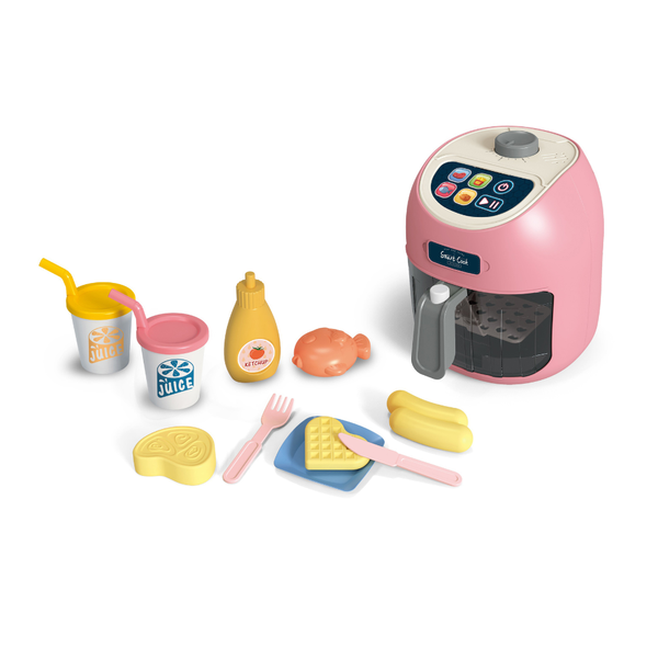 Pretend &amp; Play Air Fryer Set - Lights, Sounds &amp; Colour Changing Food - Pink
