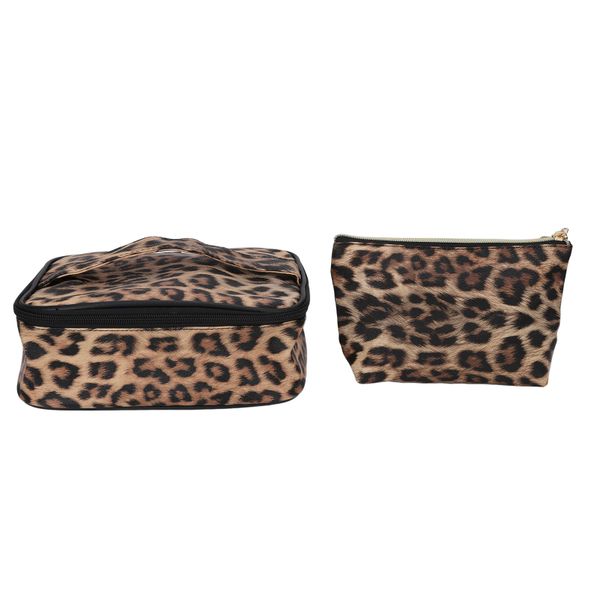 2Piece Leopard Print Makeup Bag Waterproof Large Capacity Cosmetic