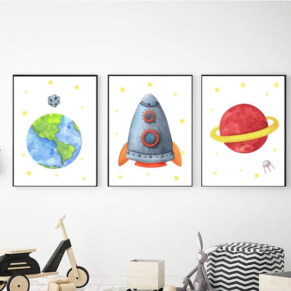 Space Earth Rocket &amp; Planet - 40cm x 50cm Canvas -Set Of 3