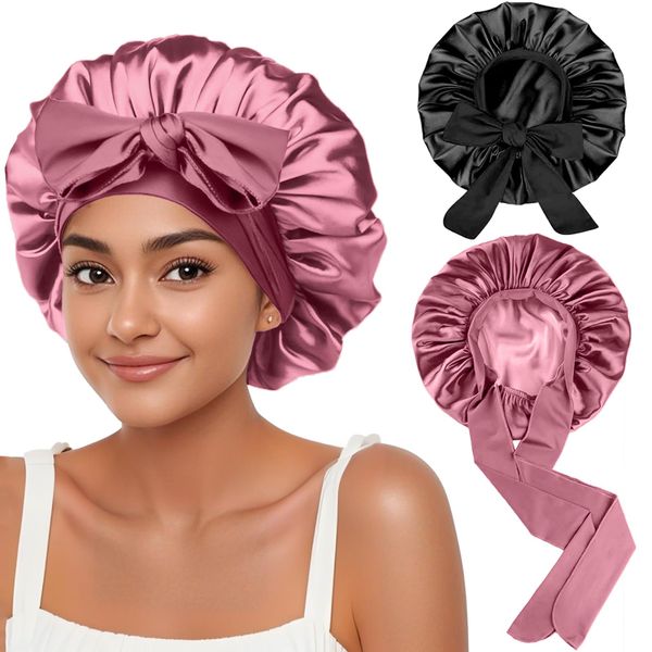 2 Women Satin Silk Sleep Bonnet with Tie, Double Layer Satin Night Cap