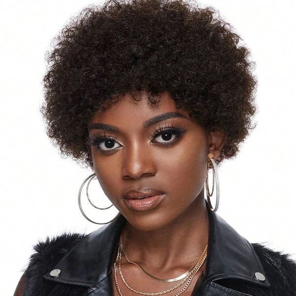 Afro Kinky Curly Pixie Cut Bangs Wig Natural Black Human Hair Short Wig