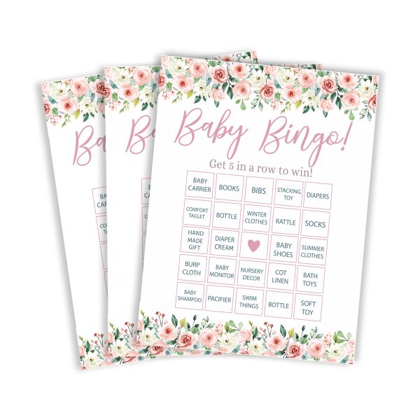 Unique Pink Floral Girl Baby Shower Baby Bingo Game Cards - Pack Of 40