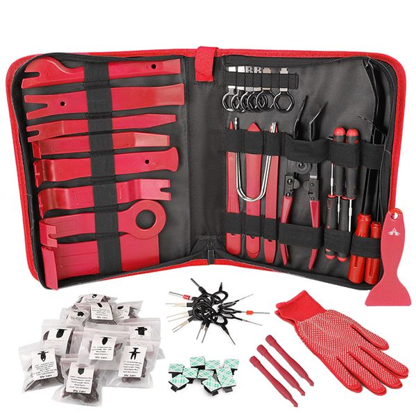 112-In-1 Car Trim Removal Tool Pry Kit with Clip Pliers &amp; Store Bag - Red