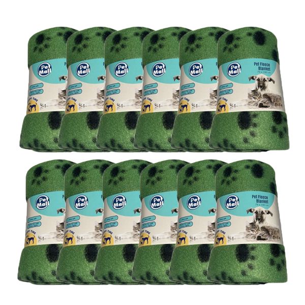 Pet Mall Pet Fleece Blanket Green Paw Print (76 x 100cm) - 12 Pack