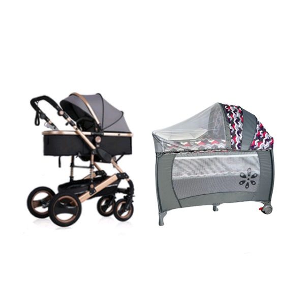 Belecoo Q3 Baby Stroller Pram 2 in 1 +Aaliyah Baby Camp Cot Grey