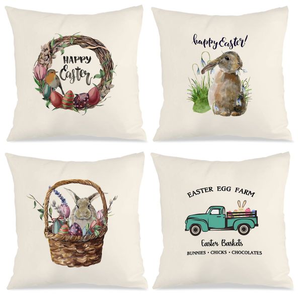 4 Piece Easter Truck Throw Pillow Covers Case, Zipper Cushion Cover