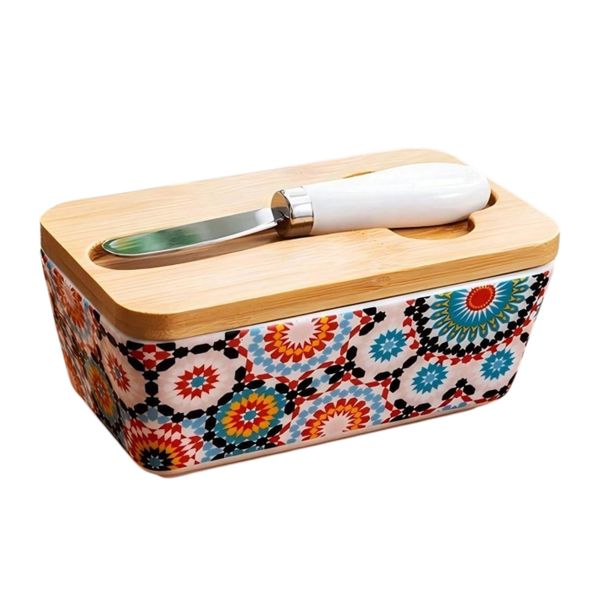 Bohemian Pattern Ceramic Butter Dish Set Butter Keeper Bamboo Lid &amp; Knife