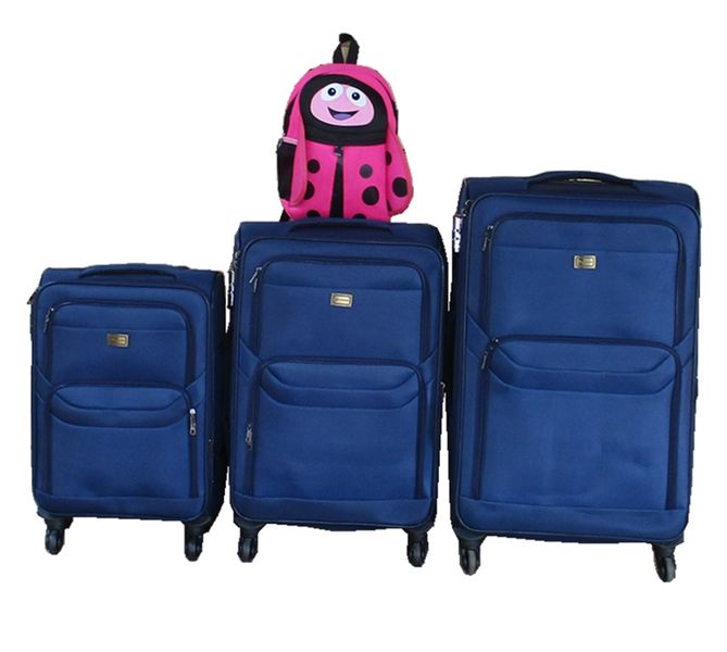 3-Piece Navy Fabric Luggage Set with Spinner Wheels, Side Bag &amp; Strap