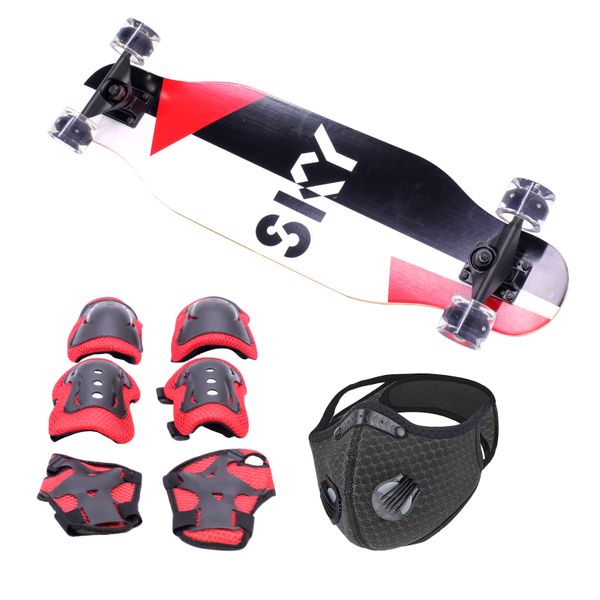 Skateboard 80cm Longboard with Protective Gear Kit &amp; Sports Mask - Sky