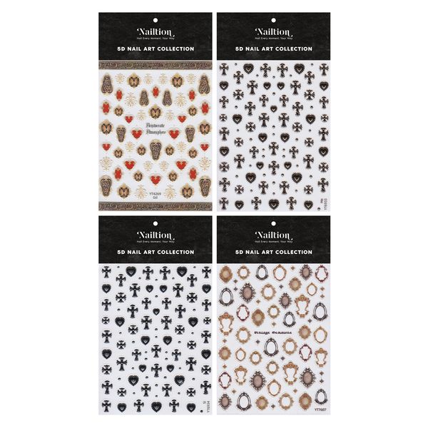 Nailtion 3D Embossed Nail Art Stickers - Mixed Ornate Gothic Motifs 4 Piece