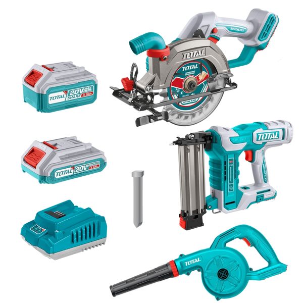 Total Tools - Blower, Brad Nailer, Circular Saw with 2&amp;4Ah Battery Charger