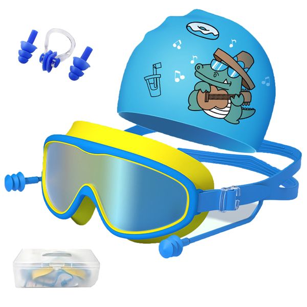 4 PCS Children's Swimming Goggles Caps Large Frame Waterproof Anti-fog Set