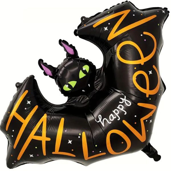 Halloween Bat Balloon - with Happy Halloween Text - Black &amp; Orange