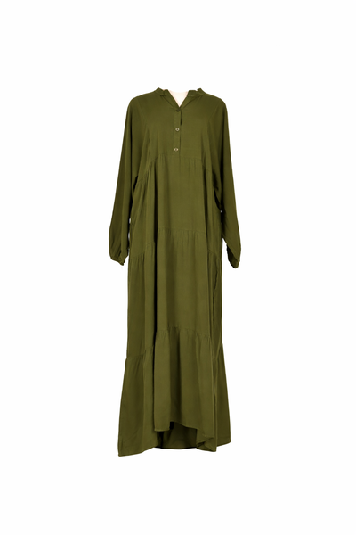 Olive Tiered Button-Front Modest Maxi Dress with Long Sleeves Abaya Style