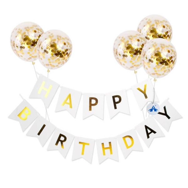 ALANES White Happy Birthday Banner Decor Flags with Gold Confetti Balloons