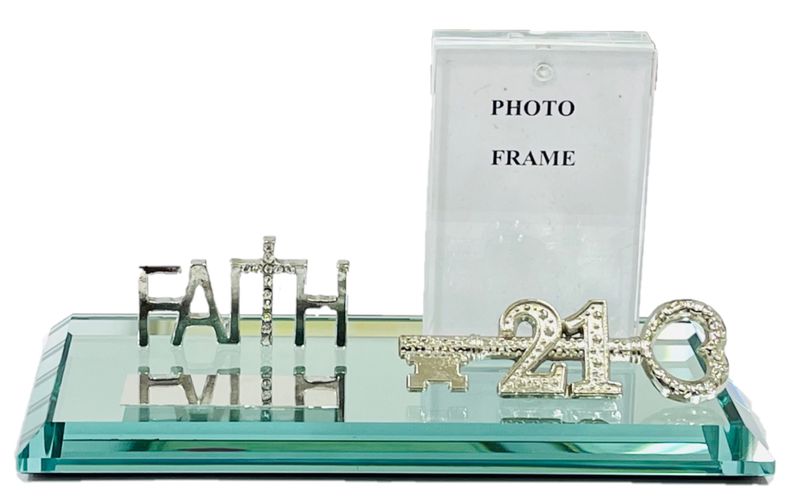 21st key Silver Faith with Diamante Cross on a Mirror Base with frame + key