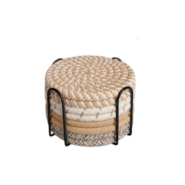 8-Piece Natural Rope Coaster Set With Holder - Multi Colour