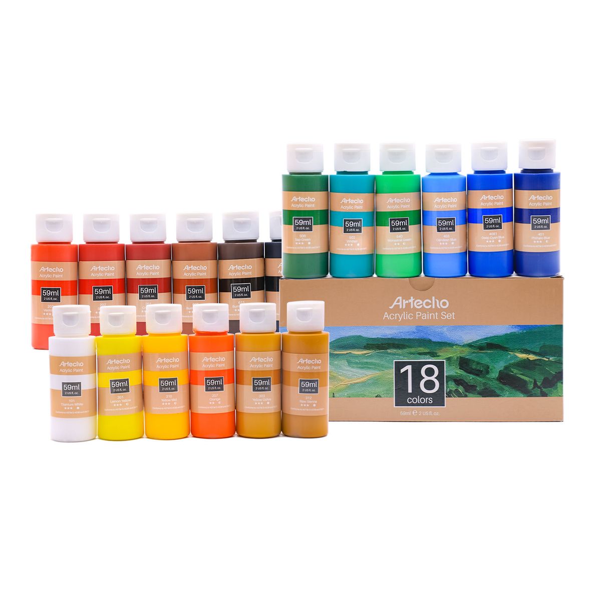 Arteclo 18Color Premium Acrylic Paint Set for Artists, 59ml Tubes