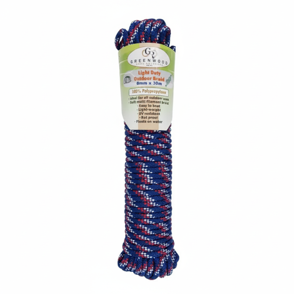 Greenwood 30m Light Duty Outdoor Braided Rope 8mm Polyester