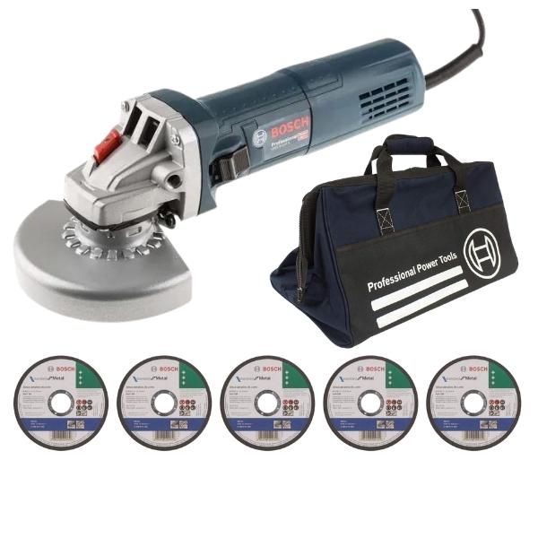 Bosch - Angle Grinder GWS 9-115, 5 x Cutting Discs 115mm &amp; Tool Bag