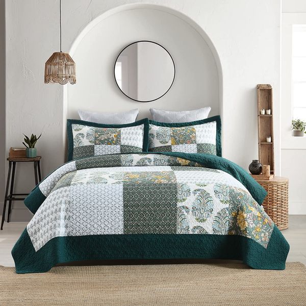 Luxurious Patchwork Bedspread 100% Cotton Quilted Embroidered-ArabianGreen