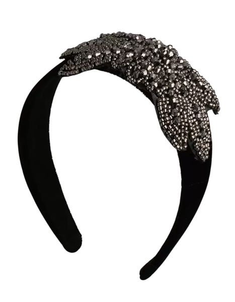 Crystal Beaded Leaf Headband - Elegant Black Statement Accessory