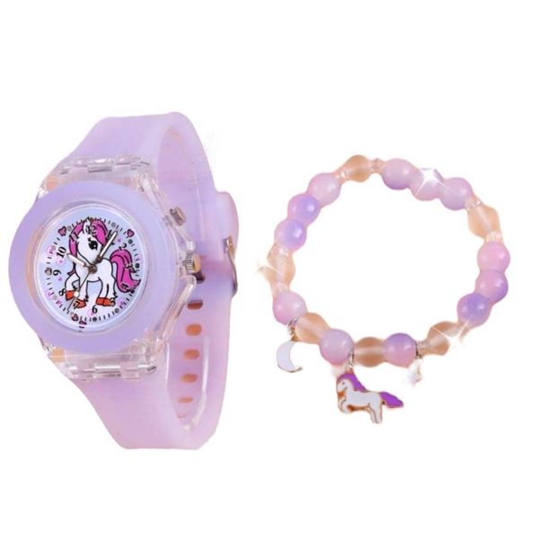 Light Purple/Light Pink Unicorn Watch and Beaded Charm Bracelet Set