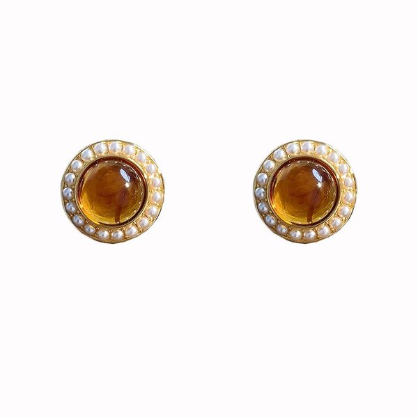 Vintage Amber Gemstone Studs - Pearl Surround Statement Earrings