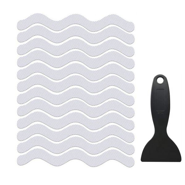 12 Pieces Non-Slip Stickers Wave-Shaped with Scraper for Bath Safety Shower