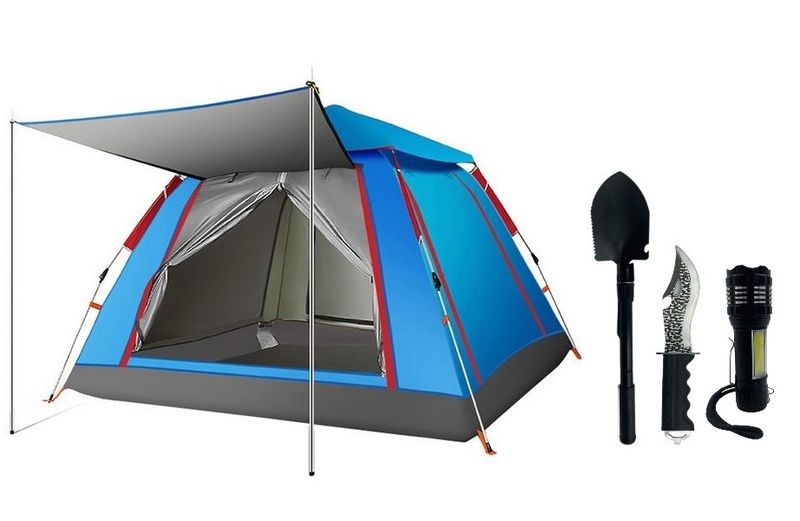 Instant Waterproof 4 Men Tent, Front Gazebo, Knife, Shovel &amp; Torch Combo