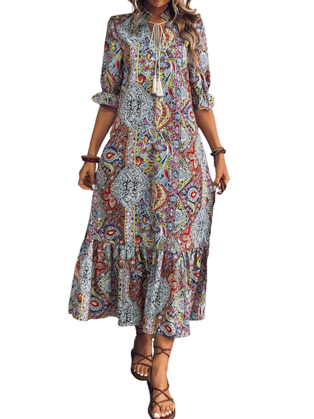 V-neck Vintage Ethnic Style Fashionable Printed Dress