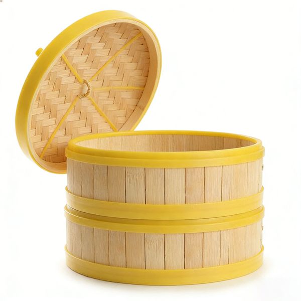 2-Tier Plastic Edge Bamboo Steamer Basket with Lid - 22/26cm