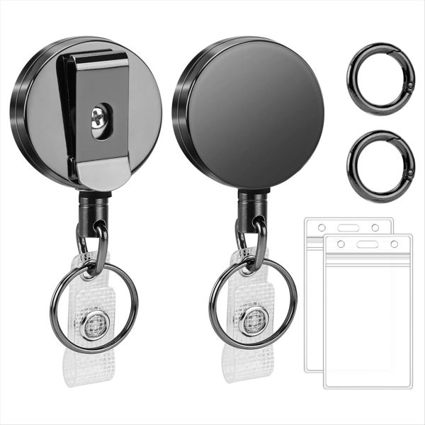 2 Pack Retractable Badge Reels Metal Id Card Holders Black