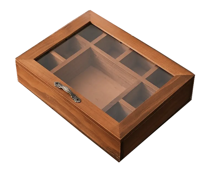 Decor 9 Grid Wooden Box With Acrylic Lid Jewellery Storage Display Case-26cm