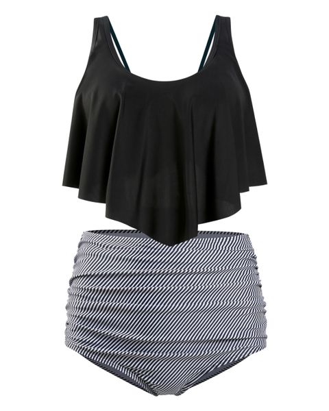 Olive Tree-Ladies Top Ruffled High Waist Tummy Control Swimsuit-B.Stripe