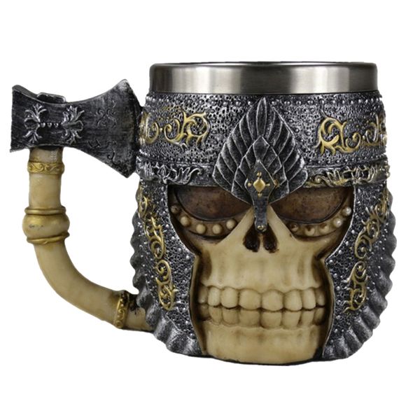 Creative 3D Double Layer Stainless Steel Axe Knight Skull Coffee Mug