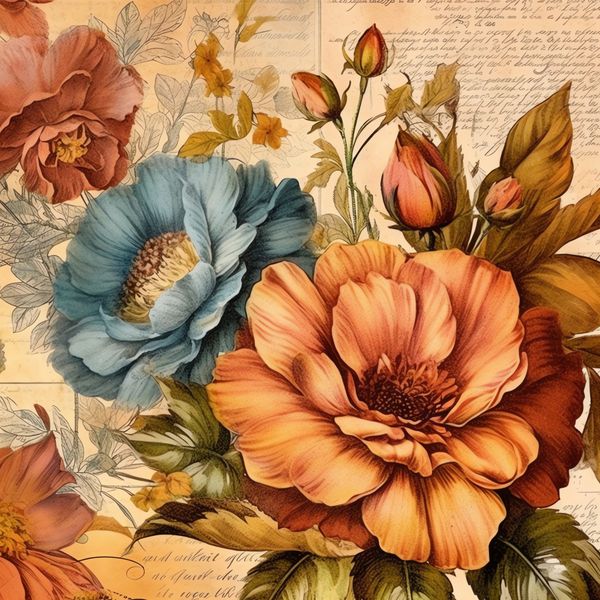 Canvas Wall Art - 1000 x 1000 - Floral Orange and Blue Vintage