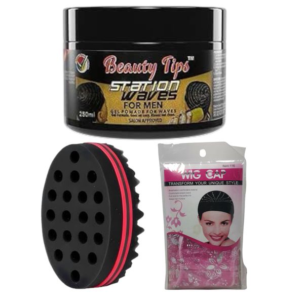 Beauty Tips Station Waves Gel Pomade 100ml with Hair Sponge and Shower Cap