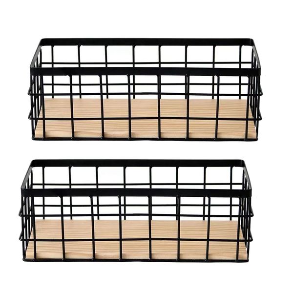 2Pack Metal Storage Basket With Wood Base For Home Wire Basket