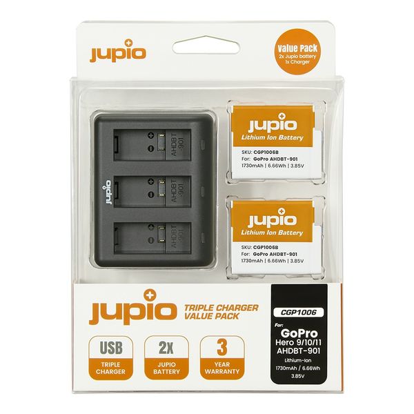 Jupio Value Pack x2 Battery for GP AHDBT-901 + USB Triple Charger