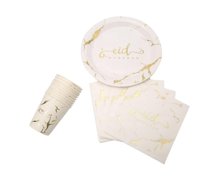 Eid Mubarak Disposable Tableware Set 10 Serves Paper Plate Cup - White and Gold