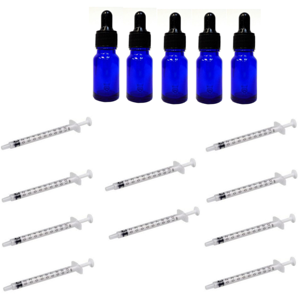 5x 10ml Blue Bottle For Medicine Aromatherapy Homeopathy W 10x 1ml Syringe