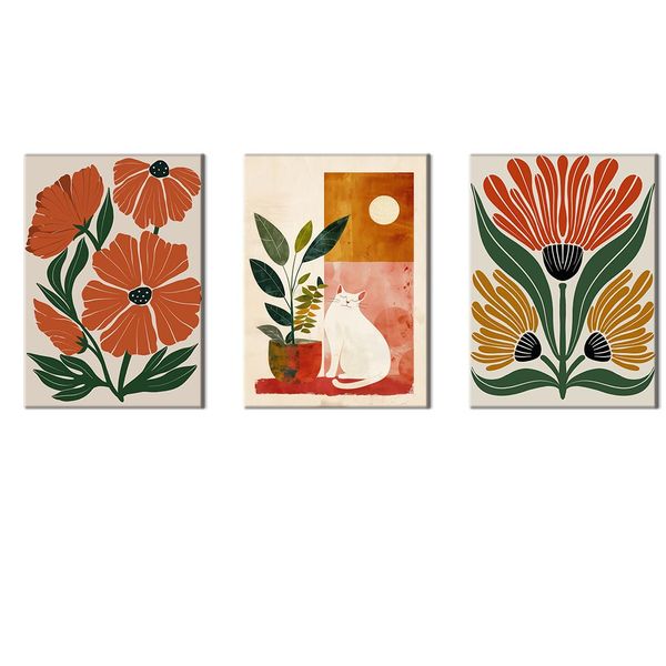 Canvas-Art-3 Pieces Orange Poppy Mid Century Boho Cat Floral Wall Art