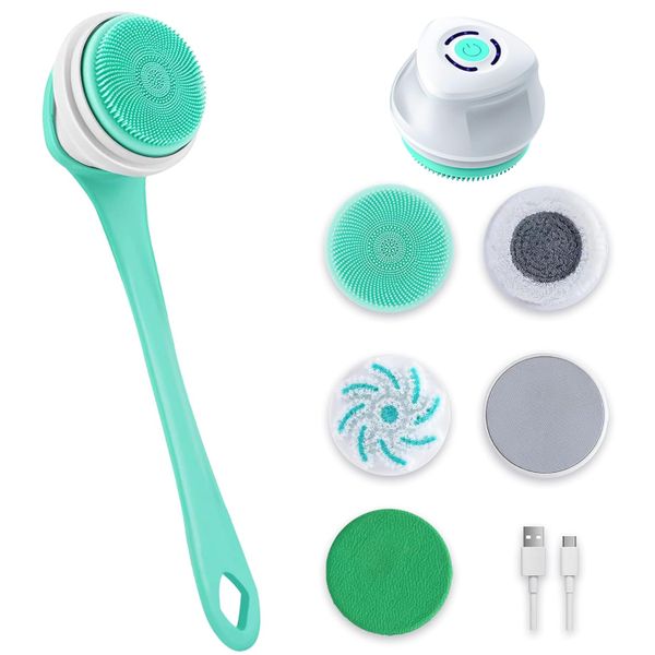 Electric Back Scrubber with Five Body Brush Head, Detachable Long Handle