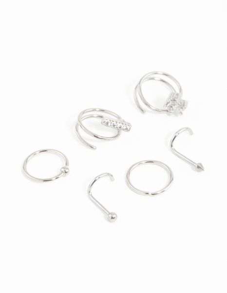 Lovisa Surgical Steel Cubic Zirconia Bar &amp; Spiral Nose Piercing 6-Pack