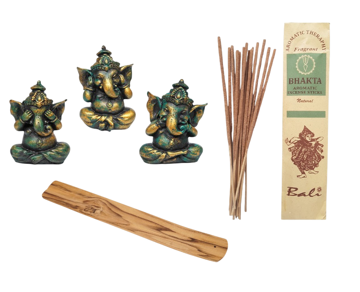 Ganesha No Evil Set With Bhakta Incense and Holder - 8cm small each