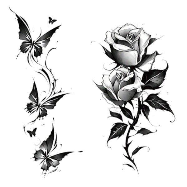 2 Piece Elegant Butterfly &amp; Rose Waterproof Temporary Tattoo Stickers - Black