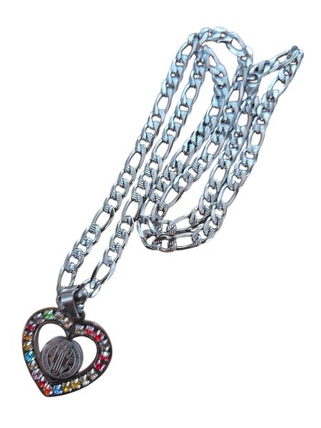 Heart-Shaped Crystal St. Benedict Pendant Necklace with Chunky Chain